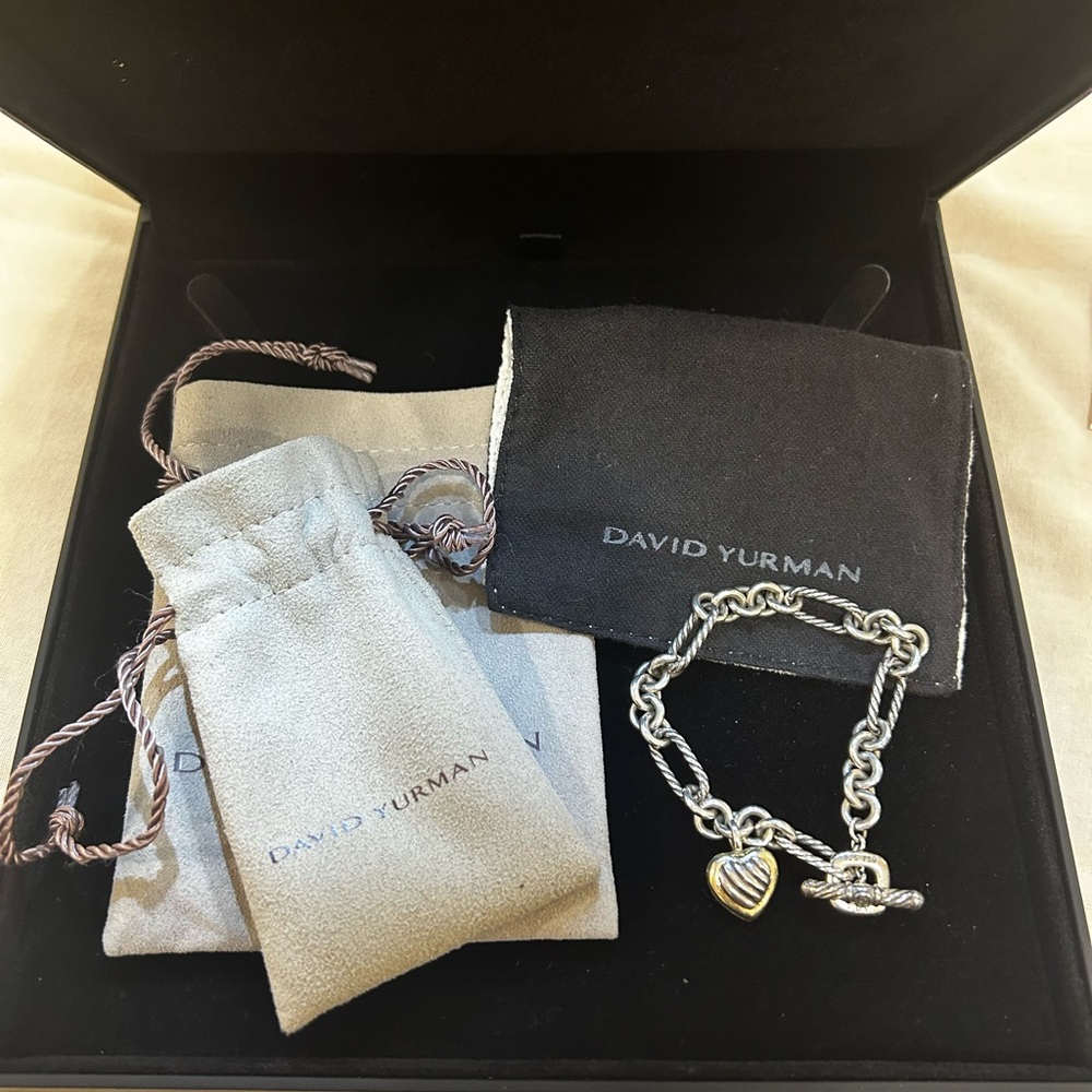 AUTHENTIC DavidYurman FigaroToggle 7"HeartCharm Bracelet SterlingSilver 18kGold